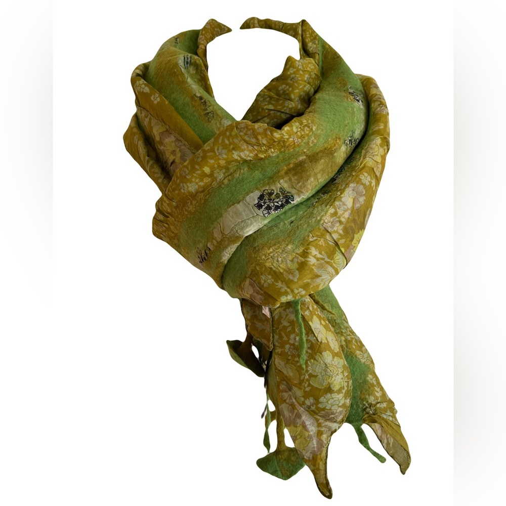 Green/Gold Silk & Merino Wool Nuno Felted Scarf With Hanging Flowers and Tassels